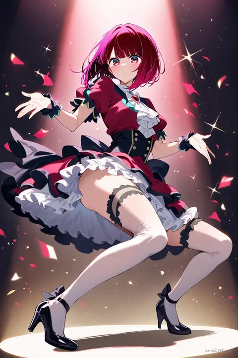 Full-body three-quarter view illustration of Kana Arima wearing a frilly mini dress with layered skirt, stage bow, puffed short sleeves, ruffled neckline, fitted bodice, ankle strap heels, sheer thigh-high stockings, and glittery wrist cuffs against a simple studio background