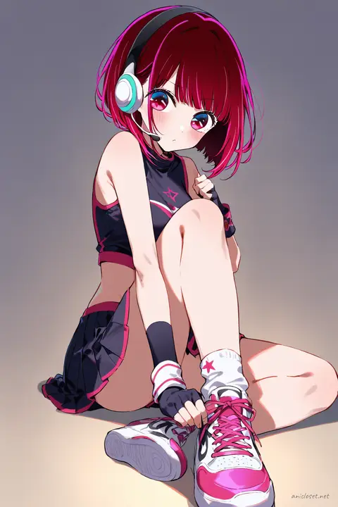 Kana Arima in sporty idol outfit with crop top, pleated mini skirt, fingerless gloves, and wireless microphone headset, knee-up view