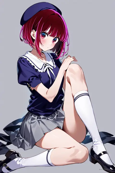 Kana Arima in pastel twin-ribbon costume with pleated stage skirt, knee-up view under soft studio lighting