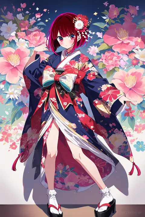 Full-body illustration of Kana Arima wearing a bright furisode kimono with large floral patterns, oversized obi bow, flower kanzashi, white tabi socks, and zori sandals, standing against a clean studio backdrop.