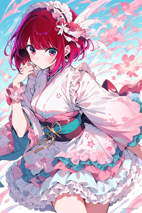 Full-body three-quarter view illustration of Kana Arima wearing a modern wa-Lolita hybrid kimono with wide sleeves, frilly petticoat skirt, and pastel colors