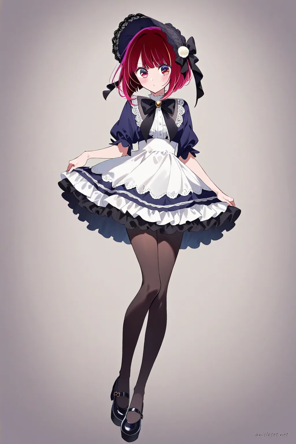 Full-body illustration of Kana Arima in a gothic black bell-shaped Lolita dress with lace collar, black lace bonnet, opaque black tights, and black platform Mary Janes, standing against a clean studio backdrop