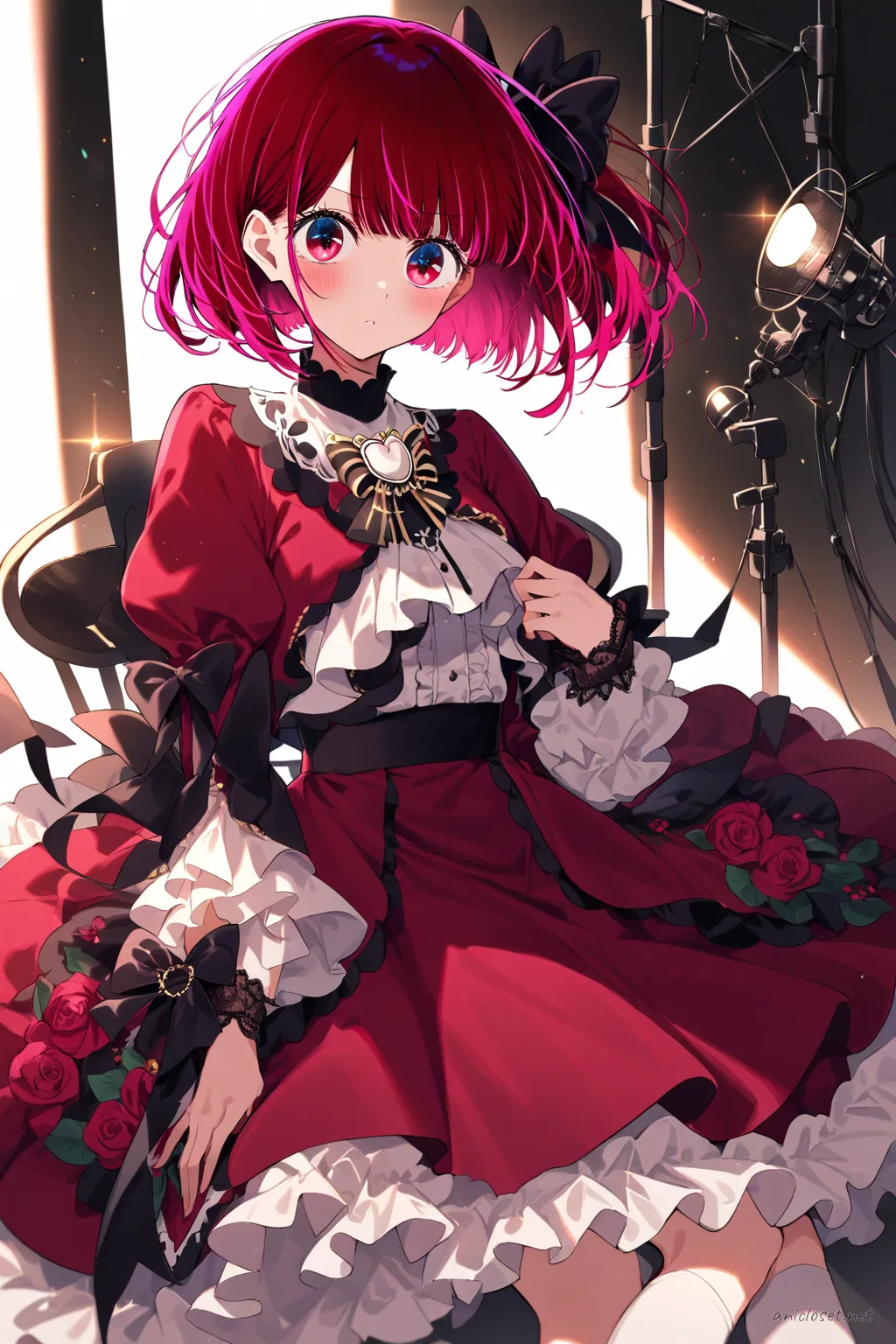 Kana Arima in classic Lolita burgundy floral dress with high-neck blouse and cameo brooch, knee-up half-body view