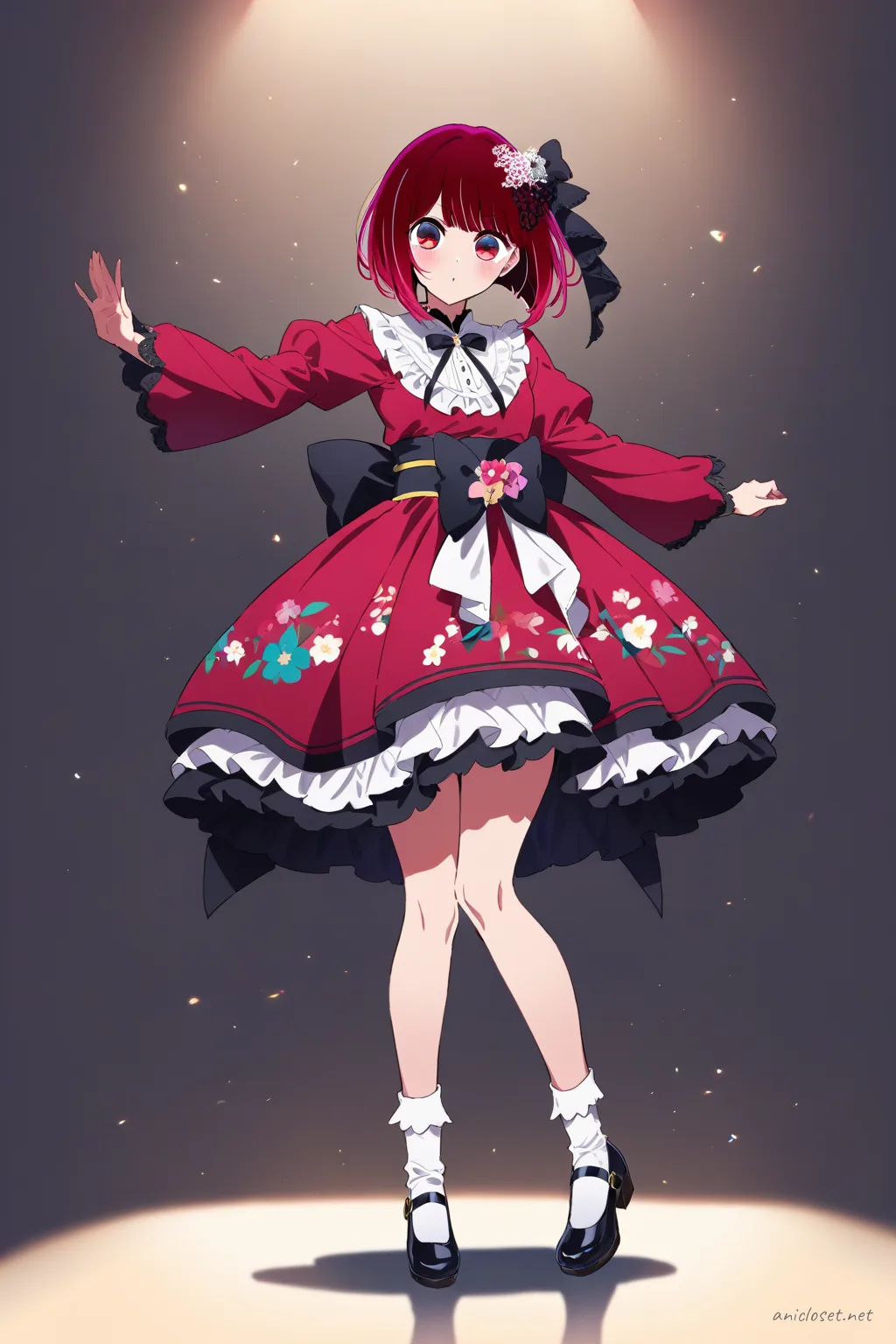 Full-body illustration of Kana Arima in Lolita look 05 wearing a wa-Lolita dress with kimono sleeves, floral petticoat skirt, wide obi bow, lace hair ornament, ankle socks, and Mary Jane shoes against a clean studio background