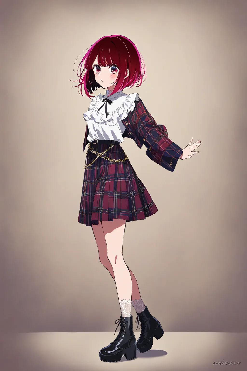 Full-body illustration of Kana Arima in punk Lolita outfit with tartan skirt, cropped jacket, chain accessories, and lace-up platform boots on a clean studio background