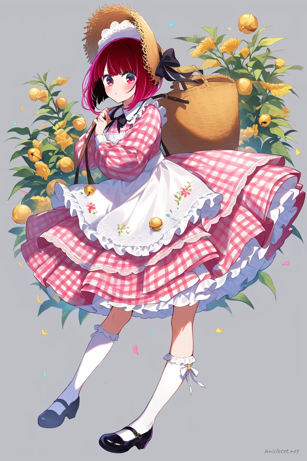 Illustration of Kana Arima in a country Lolita gingham dress with lace apron, straw bonnet, basket bag, and mary janes, shown in full-body three-quarter view