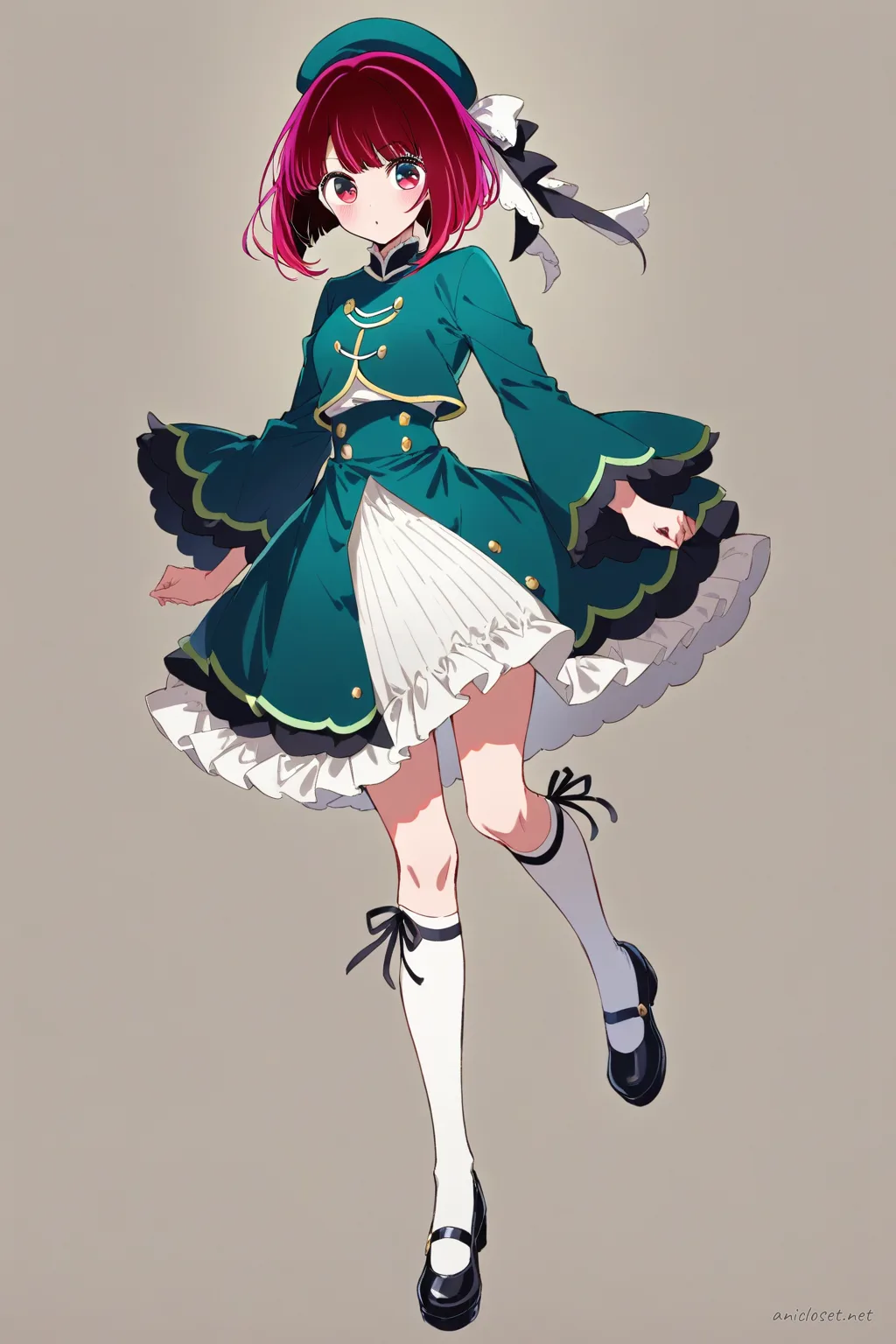 Full-body illustration of Kana Arima in Lolita outfit with mandarin collar blouse, brocade bell skirt, frog buttons, jade ribbons, knee socks, and Mary Jane shoes on clean studio background
