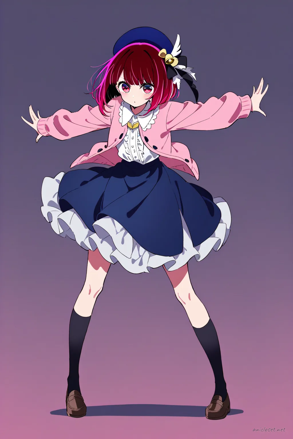 Full-body illustration of Kana Arima in a pastel pink cardigan over navy jumper skirt, white blouse with peter pan collar, black knee socks, and black loafers, standing against a clean studio background