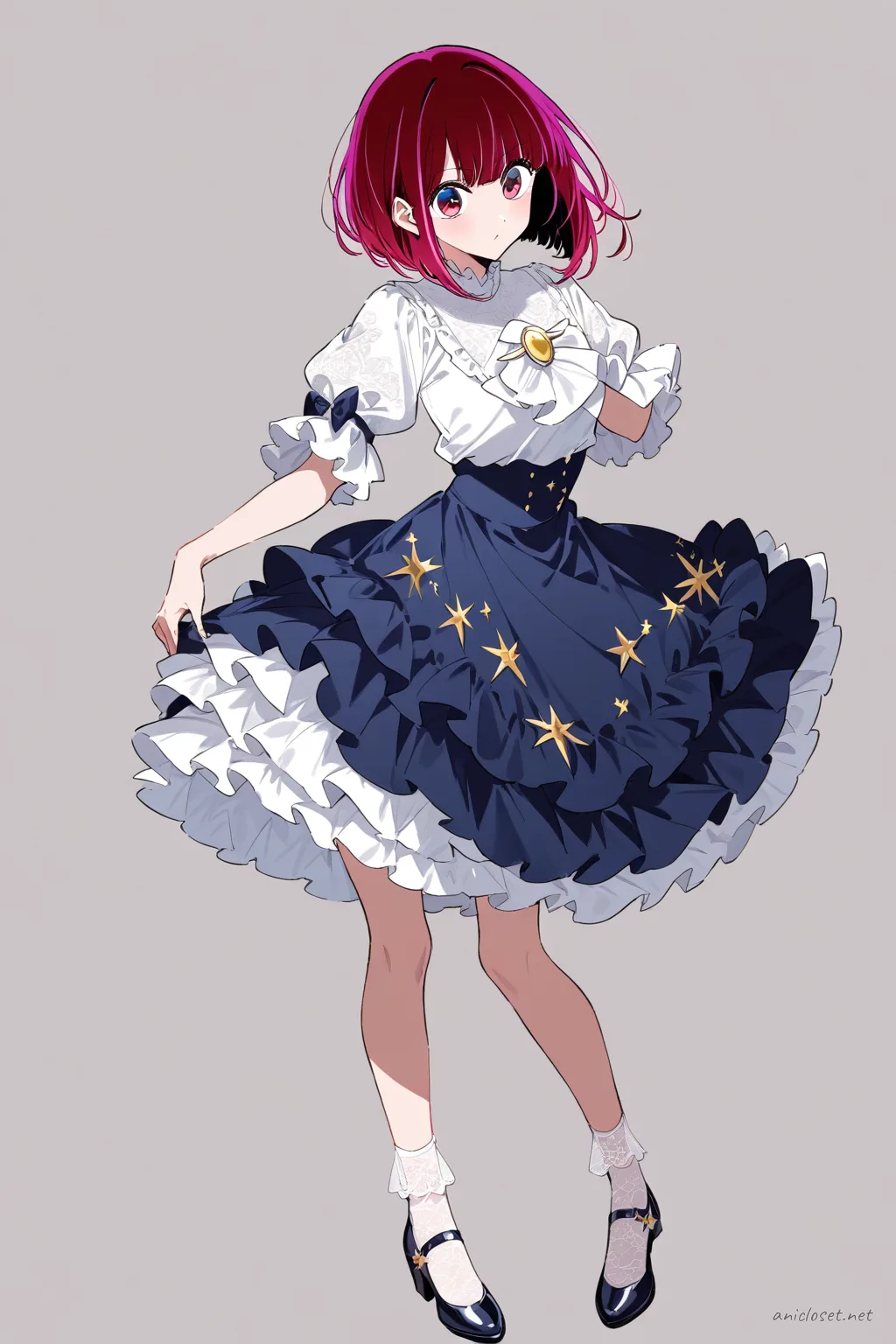 Full-body illustration of Kana Arima in a navy celestial Lolita dress with star embroidery, layered tulle skirt, moon brooch, white puff sleeve blouse, silver Mary Jane shoes, and white lace ankle socks against a clean studio backdrop