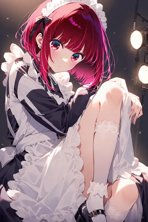 Kana Arima wearing a classic black-and-white Victorian maid dress with frilled apron and white maid headdress, knee-up half-body shot