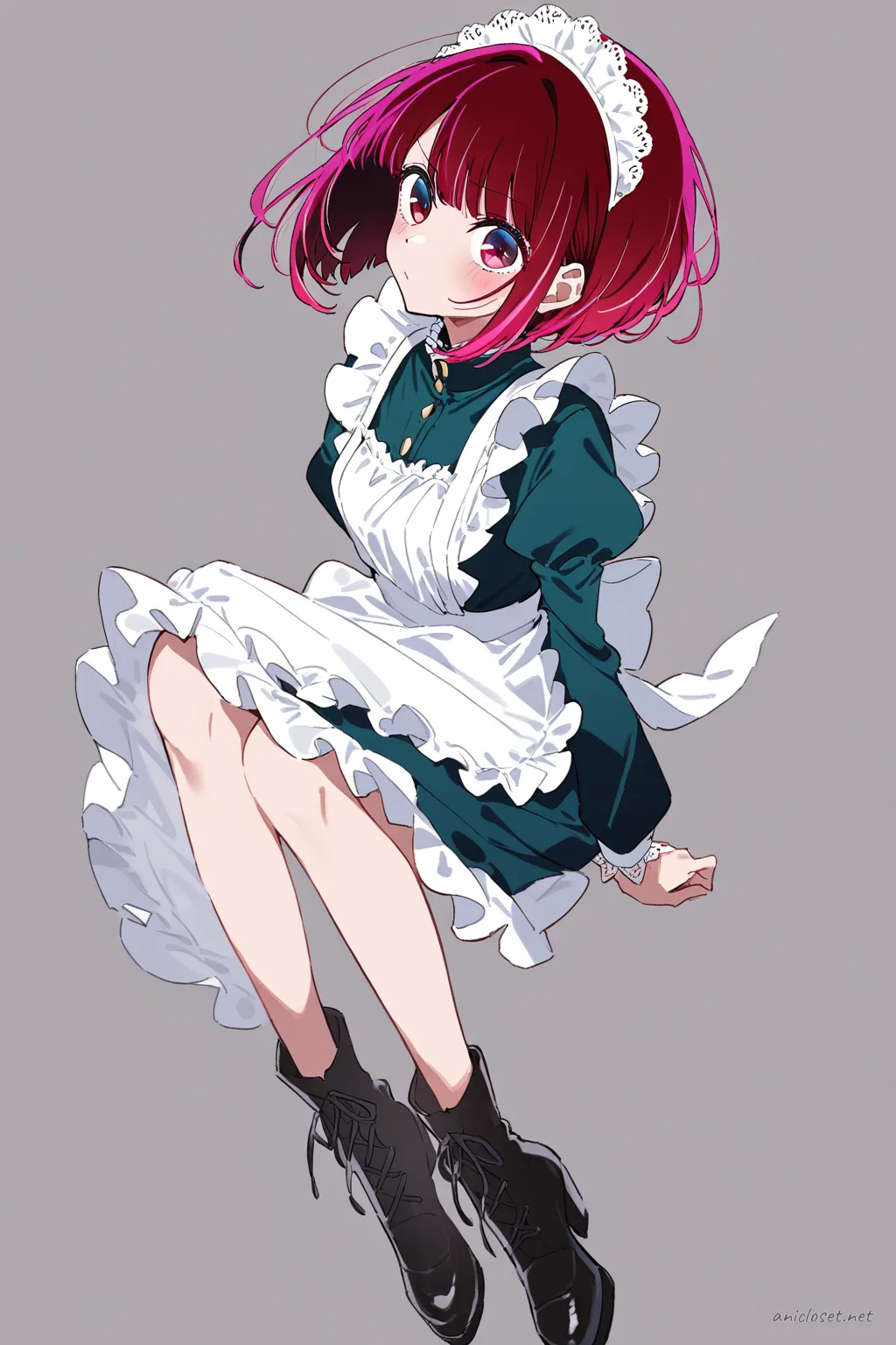 Full-body three-quarter view illustration of Kana Arima wearing a navy Edwardian maid uniform with high collar, white bib apron, and black ankle boots