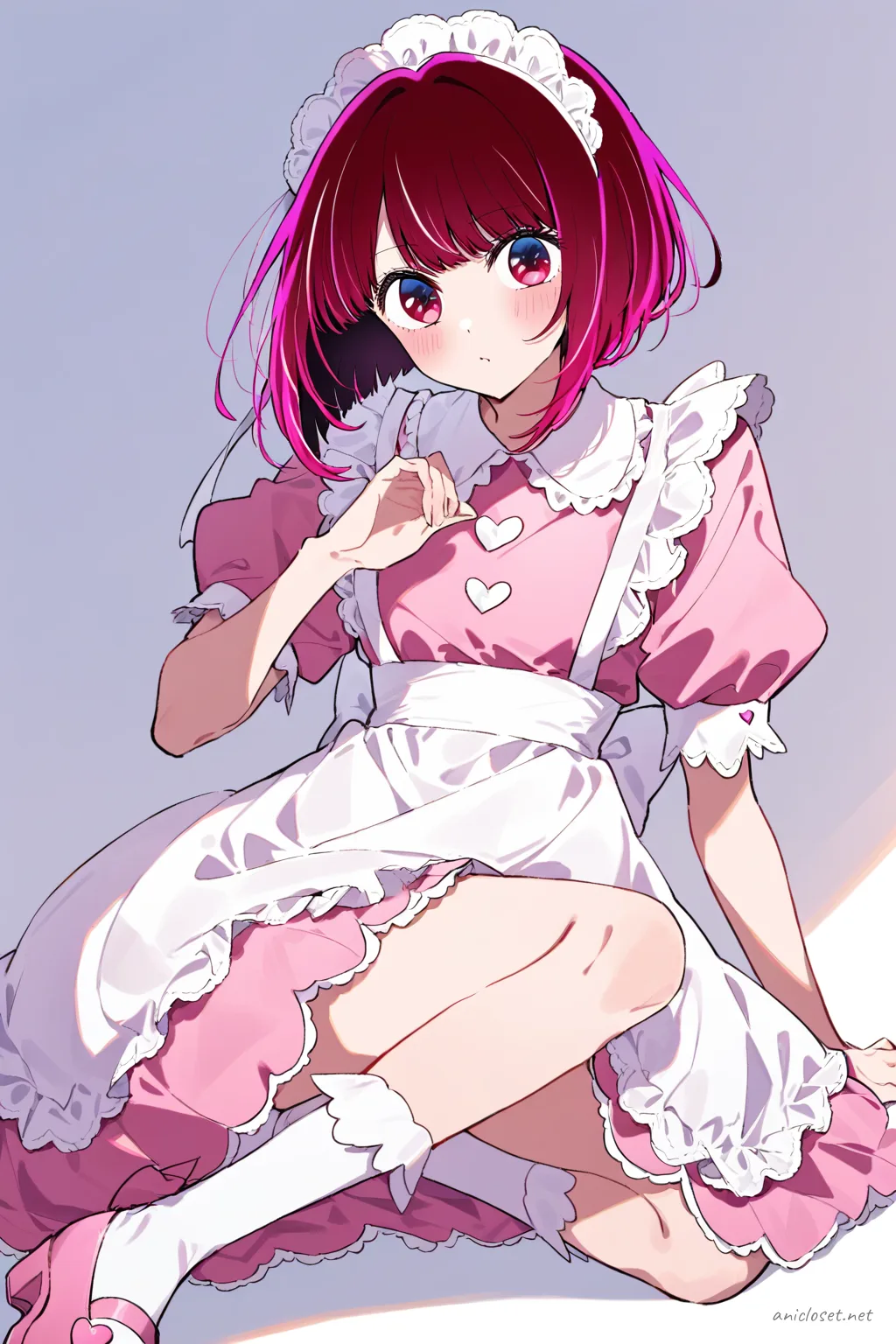 Full-body three-quarter view of Kana Arima in pastel pink maid dress with scalloped white apron, heart-shaped buttons, and bow shoes