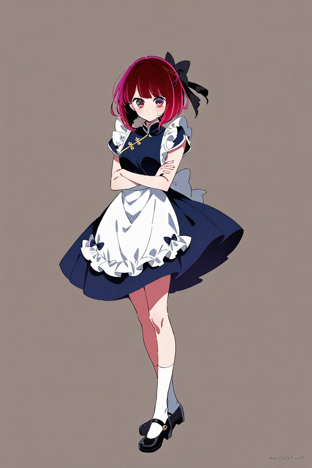 Full-body illustration of Kana Arima in maid outfit with qipao collar, short sleeves, frilled apron, frog-button accents, black mary janes, and white ankle socks, standing against a clean studio backdrop