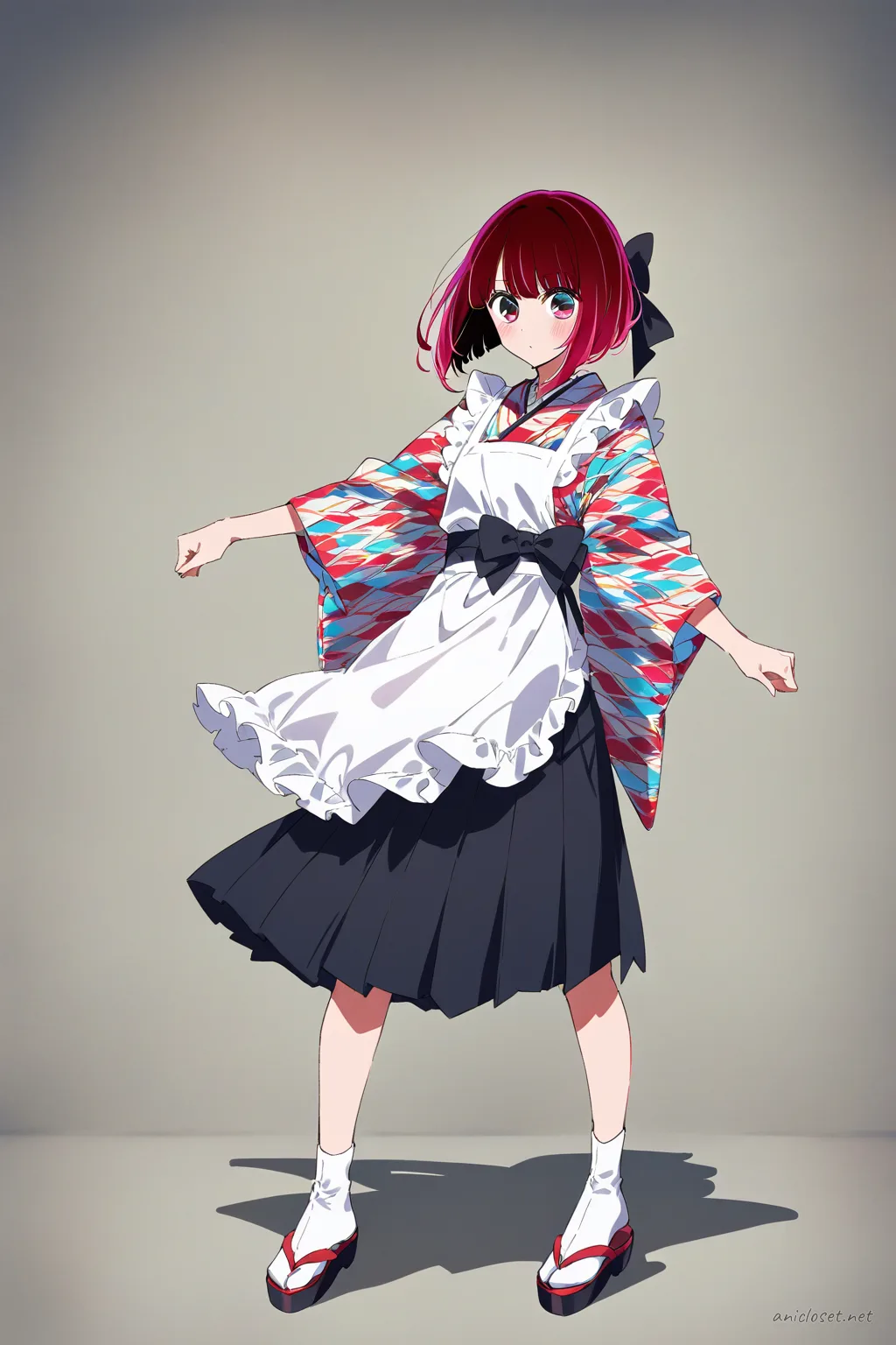 Full-body illustration of Kana Arima in Maid look 07 wearing kimono sleeves, hakama-inspired skirt, white apron, ribbon obi, tabi socks, and zori sandals against a clean studio backdrop