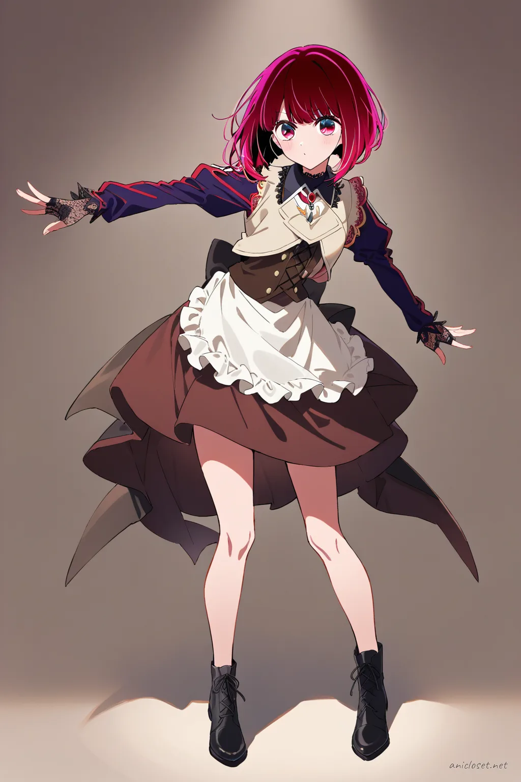 Full-body illustration of Kana Arima in steampunk maid uniform with brown corset vest, layered skirt, white utility apron, and lace-up boots on clean studio background