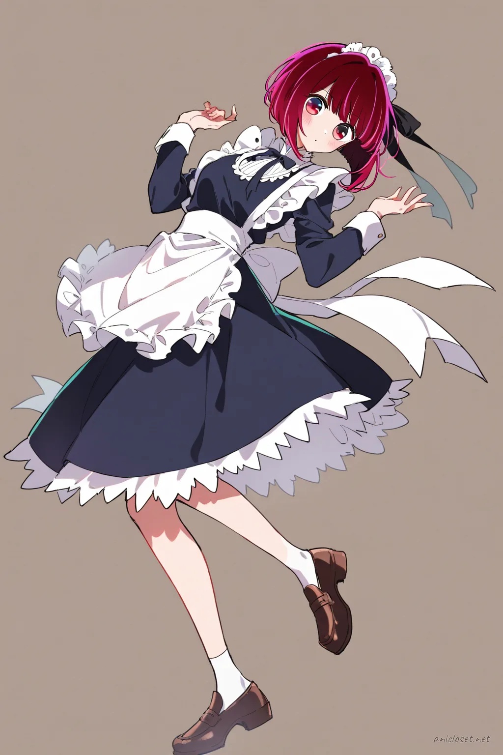 Full-body three-quarter view of Kana Arima in a bakery maid uniform with striped blouse, full apron, midi skirt, kerchief, and loafers on plain background