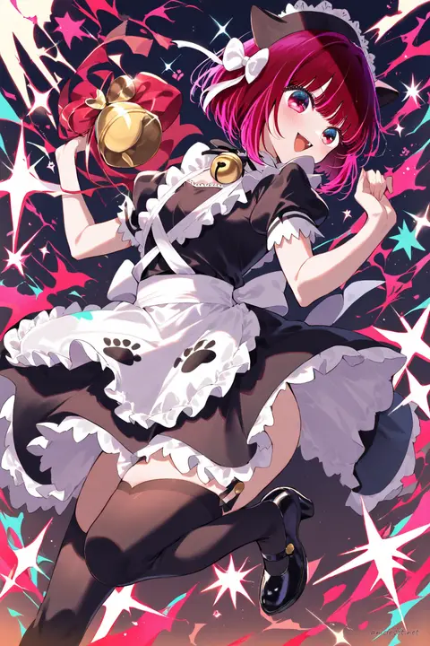 Full-body three-quarter view of Kana Arima wearing a black and white cat-motif maid dress with paw-print apron pockets and bell ribbon choker, black thigh-high stockings and Mary Jane shoes, set against a simple clean background