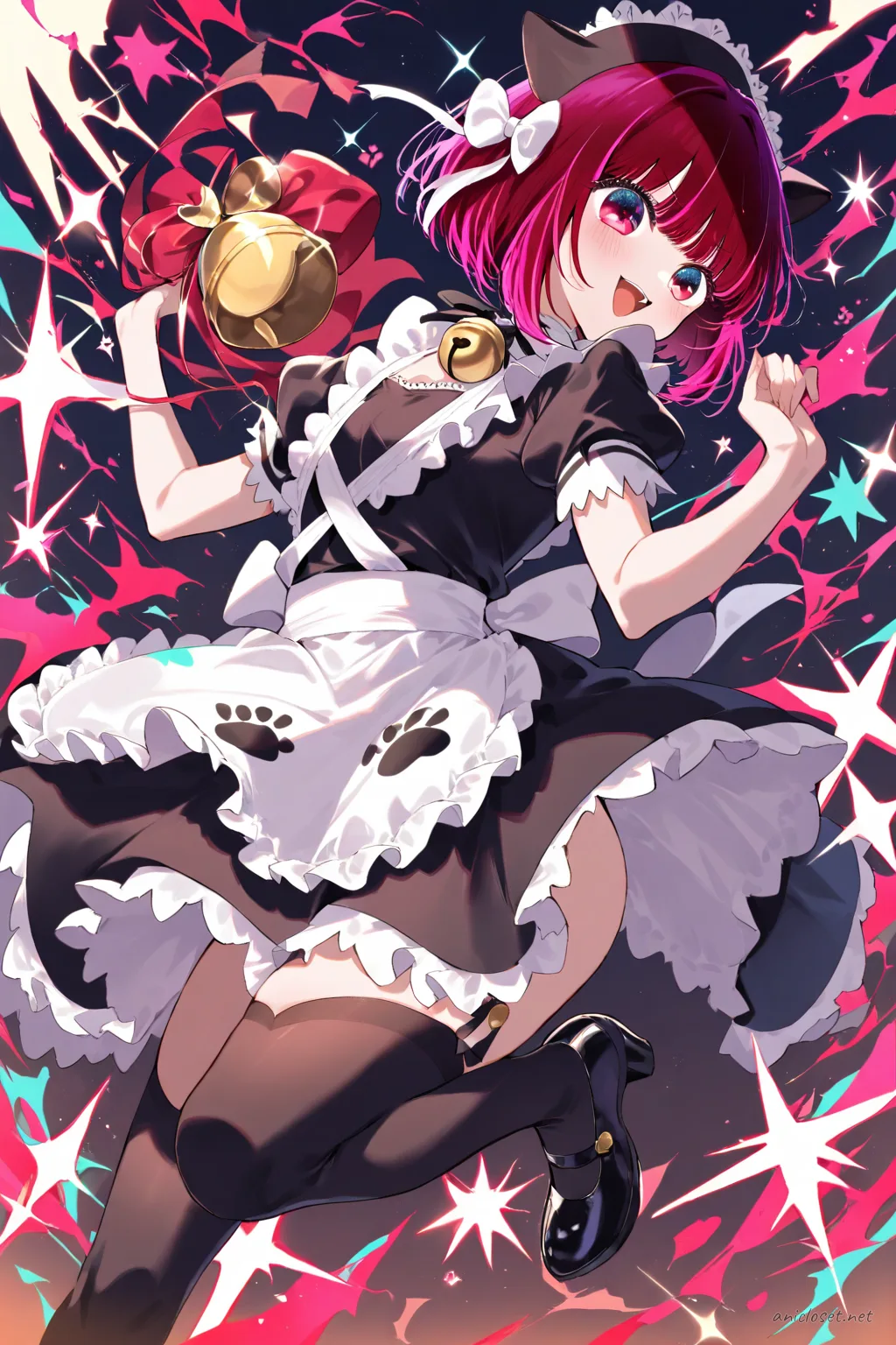 Full-body three-quarter view of Kana Arima wearing a black and white cat-motif maid dress with paw-print apron pockets and bell ribbon choker, black thigh-high stockings and Mary Jane shoes, set against a simple clean background