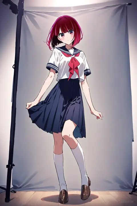 Full-body illustration of Kana Arima in navy sailor fuku with red neckerchief and pleated skirt, standing pose on plain studio background