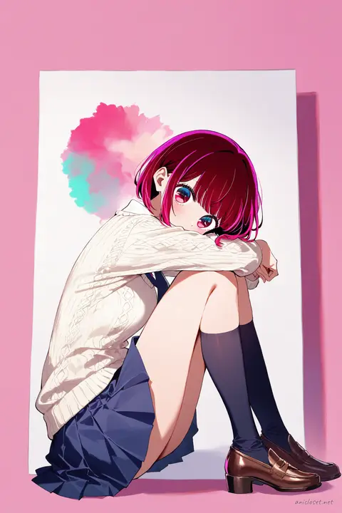 Full-body three-quarter view illustration of Kana Arima wearing a long pleated skirt, light knit sweater over a collared blouse, knee-high socks, brown loafers, and a simple ribbon necktie on a clean studio background