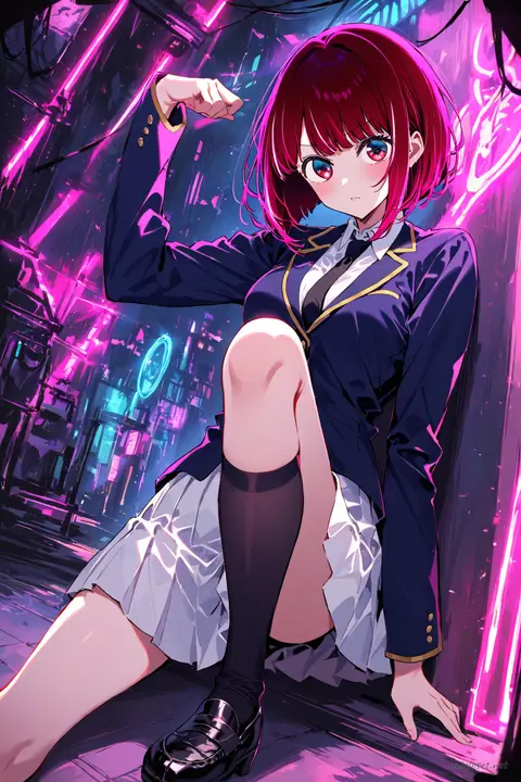 Kana Arima in black blazer, white shirt, black necktie and pleated skirt leaning against wall with neon rim light