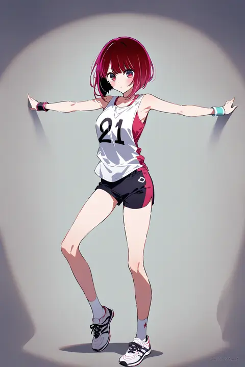 Full-body illustration of Kana Arima in sportswear with singlet, short shorts, number bib, sneakers, standing against a clean studio backdrop