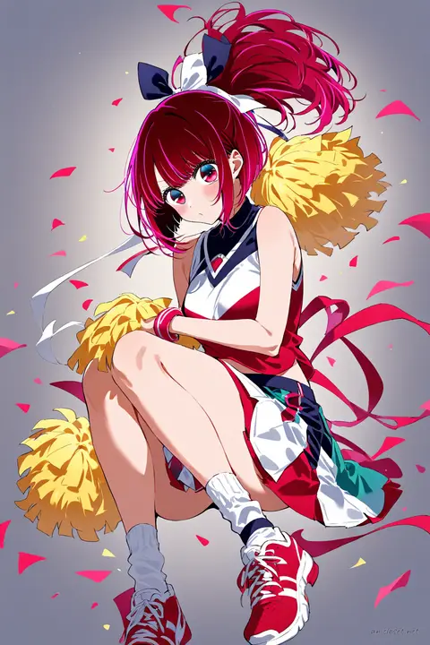 Full-body three-quarter view of Kana Arima wearing a cheerleading crop top, short pleated skirt, white ankle socks, white and red sneakers, and sporty wristbands, holding pom-poms against a clean studio background