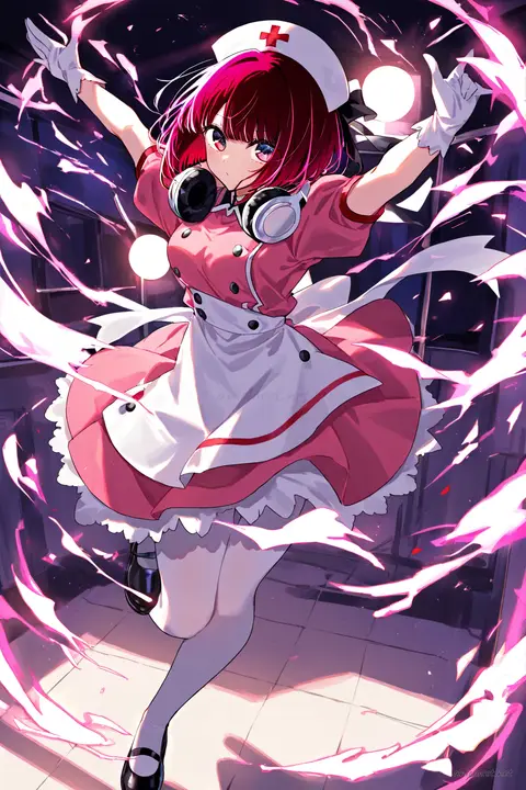 Illustration of Kana Arima wearing a moe nurse uniform dress with red-cross armband, nurse cap, sheer white tights, and mary janes