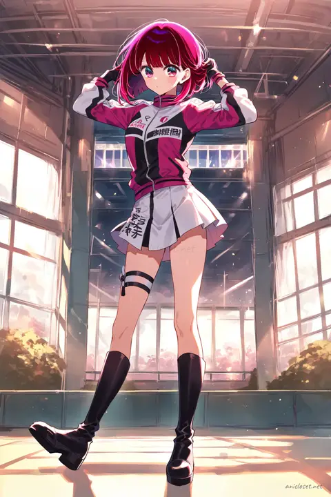 Full body illustration of Kana Arima in a tight racing jacket, mini skirt, thigh-high boots, and fingerless gloves standing