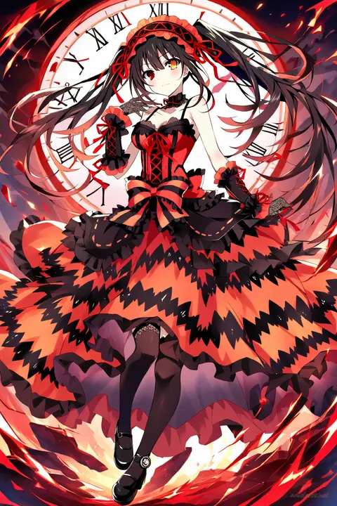 Full-body three-quarter view illustration of Kurumi Tokisaki in her signature gothic lolita dress with black and red color scheme, lace gloves, thigh-high stockings, and clock motif accessories on a clean studio background