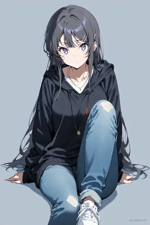 Illustration of Mai Sakurajima wearing an oversized hoodie, light wash cuffed jeans, and white sneakers in a knee-up half-body pose with soft studio lighting on a clean background