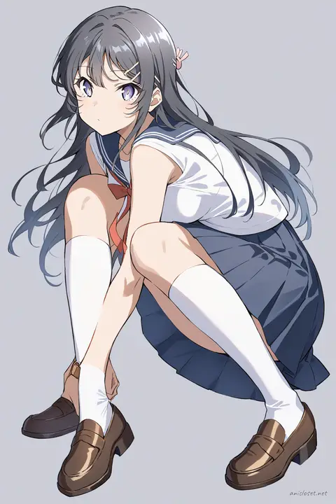 Knee-up half-body illustration of Mai Sakurajima in her classic white sailor uniform blouse with navy collar, red neckerchief, navy pleated skirt, white knee-high socks, and brown loafers against a clean studio background