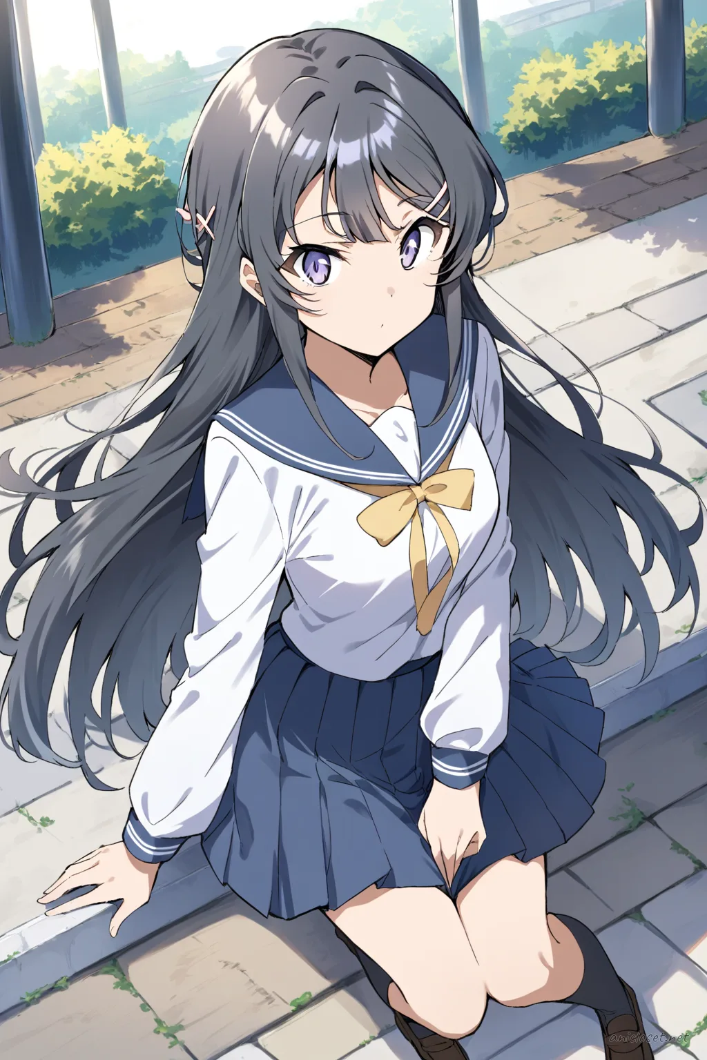 Knee-up half-body illustration of Mai Sakurajima in her classic school uniform with sailor collar and ribbon neckwear under soft studio lighting