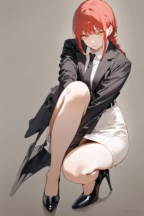 Illustration of Makima from Chainsaw Man in her classic Signature Look 01, wearing a white dress shirt, black tie, black blazer, black pencil skirt, and black high heels, shown in a knee-up half-body pose with soft studio lighting on a clean background.