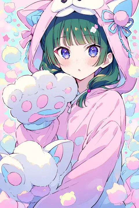 Full-body illustration of Maomao in a pastel one-piece animal kigurumi pajama with plush hood and paw cuffs, standing against a clean studio backdrop with shoes visible