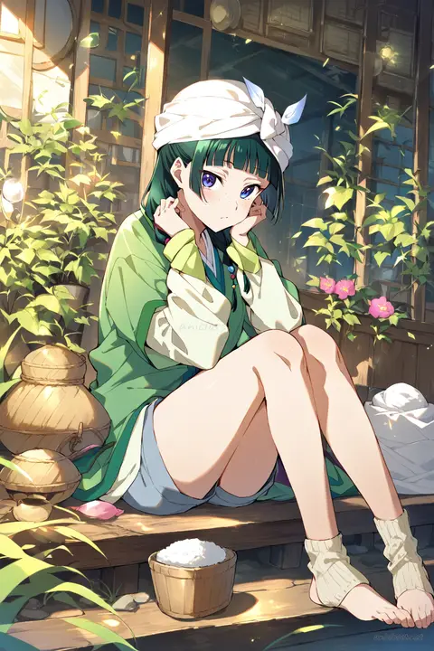 Illustration of Maomao in a morning lounge outfit with oversized white button shirt, light denim shorts, knit knee socks, and towel turban, brushing hair at vanity mirror