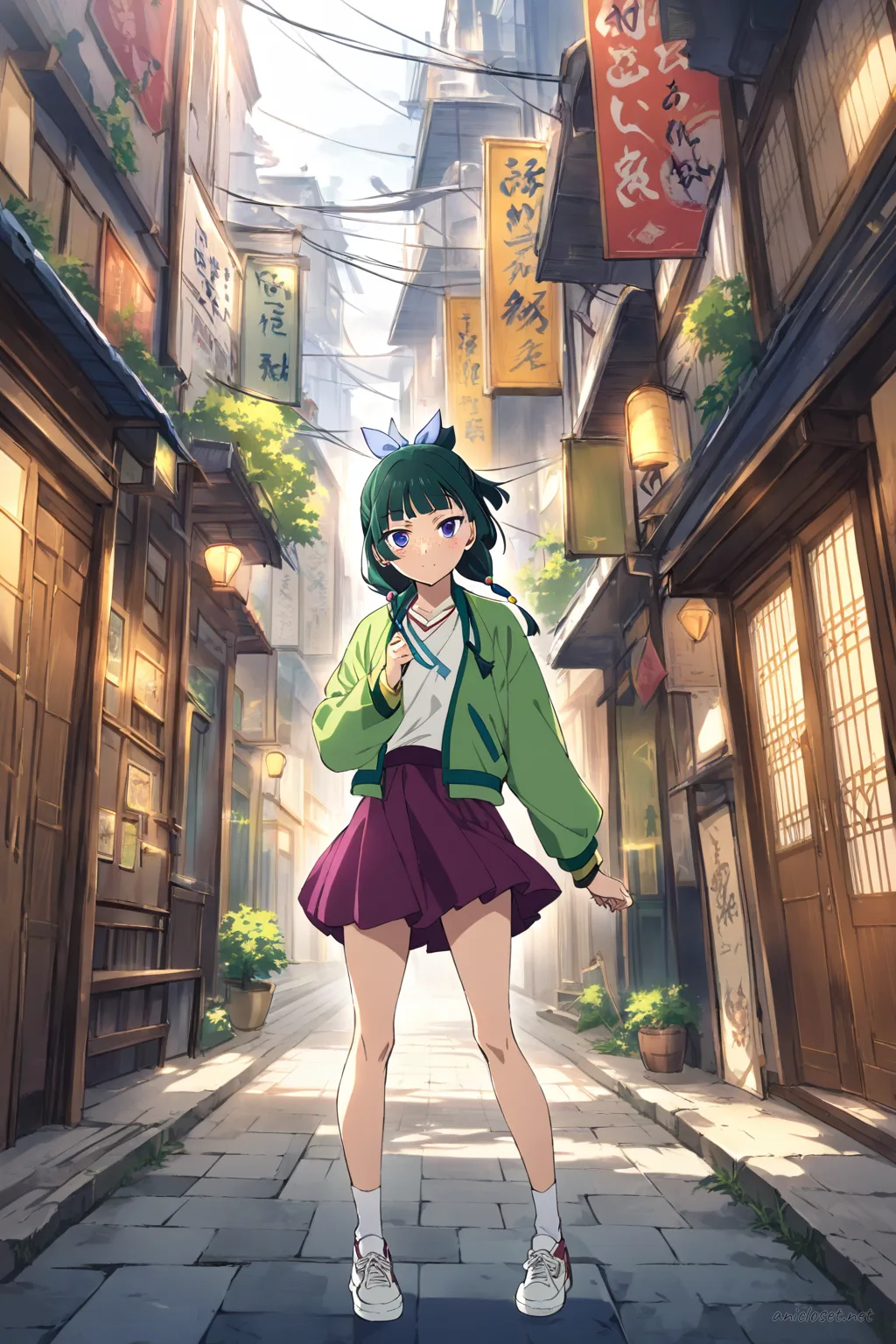 Maomao wearing cropped bomber jacket, short pleated tennis skirt, white high-top sneakers, standing under elevated train tracks with motion blur train above
