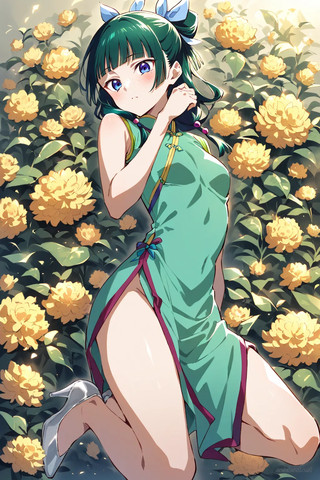 Full-body three-quarter view of Maomao in a modern short teal qipao dress with sleeveless design, mandarin collar, side slits, fitted silhouette, silver heels, and small handbag on studio background
