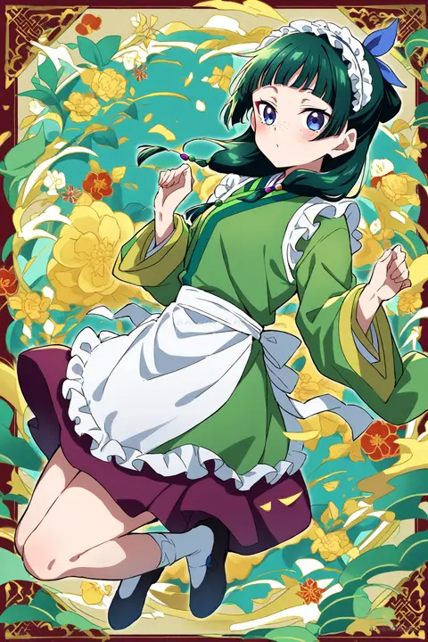 Full body illustration of Maomao wearing a short qipao dress with a white frilled apron, ankle socks, Mary Jane shoes, and a frilled headband, viewed from above
