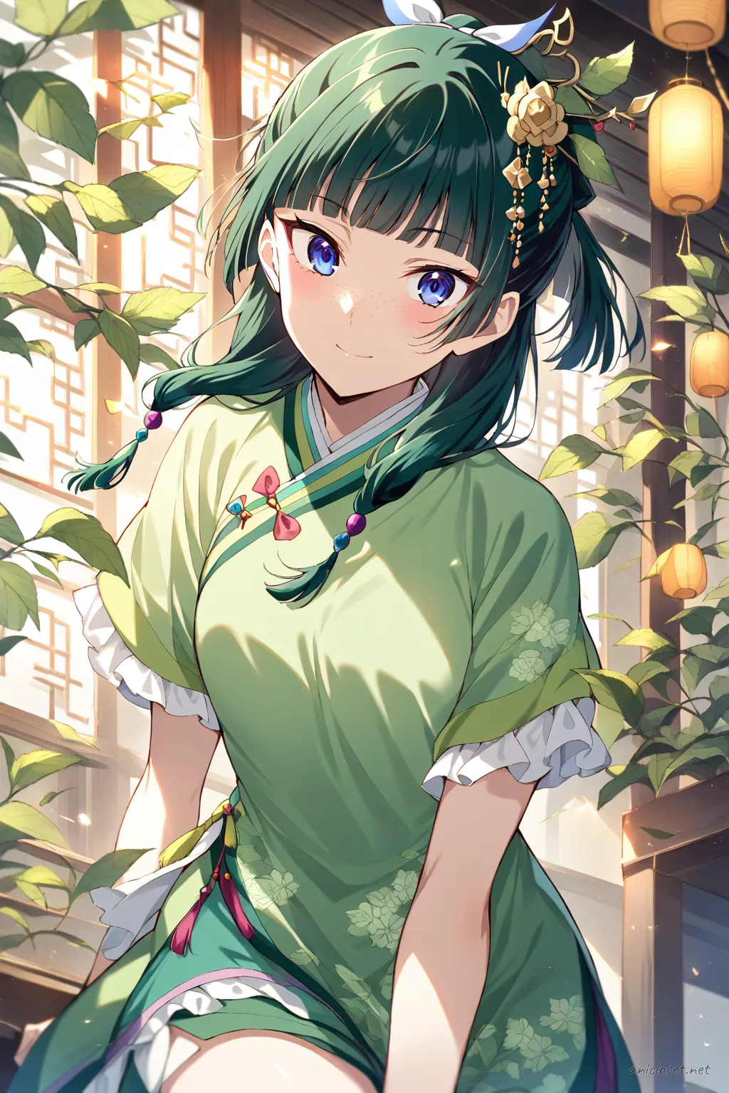 Full-body three-quarter view illustration of Maomao wearing a mint green short-sleeve qipao with white floral pattern, white frilled half-apron, white ankle socks, black Mary Janes, and pearl stud earrings against a clean studio background