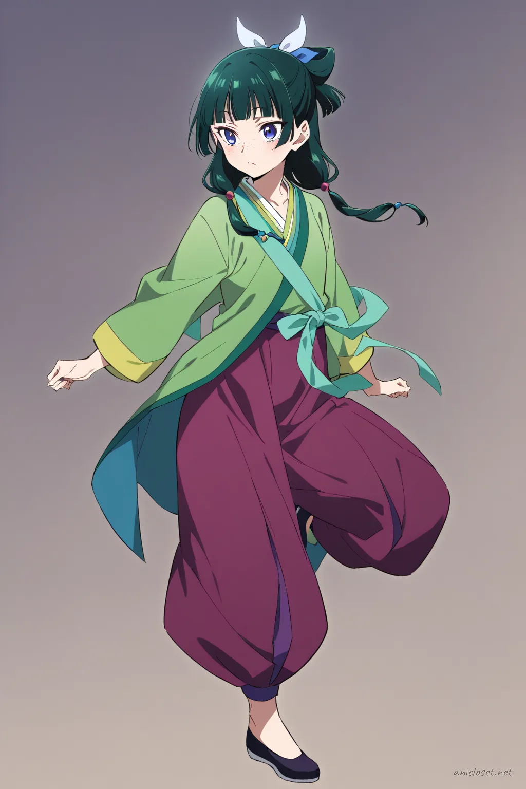 Half-body illustration of Maomao wearing a qipao top with soft wide trousers and a ribbon sash under soft studio lighting