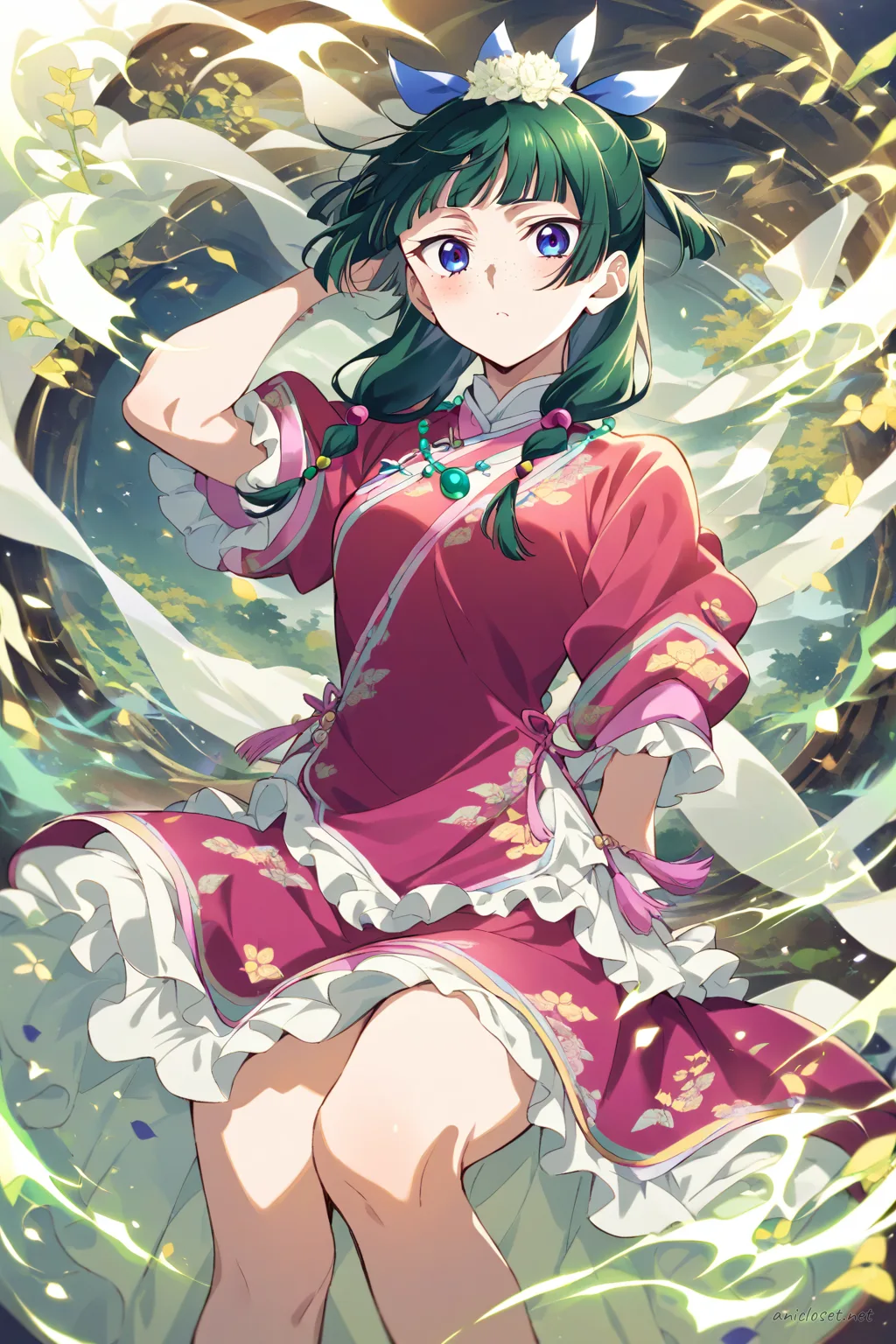 Illustration of Maomao wearing a knee-length high-collar China dress with frilled hem, puffed short sleeves, jade charm necklace, white ankle socks, and black Mary Jane shoes under soft studio lighting