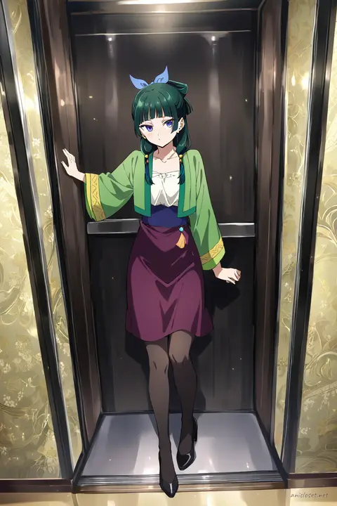 Maomao in a black cropped blazer over white silk camisole and high-waist pencil skirt, looking back in an elevator lobby