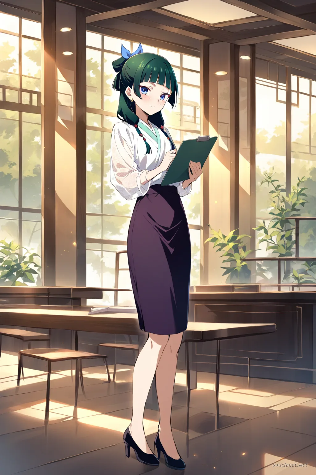 Maomao wearing a white blouse with sheer long sleeves tucked into a black midi pencil skirt, holding a clipboard in a bright conference room, knee-up half-body shot