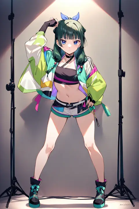 Full-body illustration of Maomao wearing a colorful idol jacket and short shorts with ankle boots and fingerless gloves against a clean studio backdrop