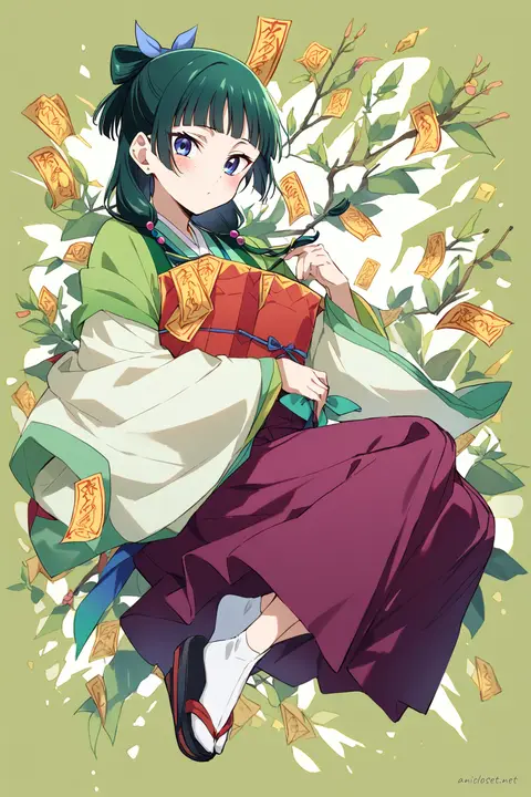 Knee-up illustration of Maomao in a white kosode and red hakama with ribbon hair ties and ofuda charm, soft studio lighting