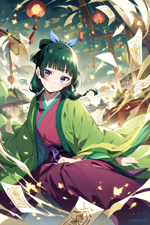Half-body illustration of Maomao wearing modern onmyouji-inspired kimono robes with layered haori and paper charm talismans in soft studio lighting