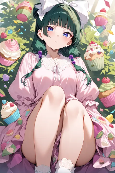 Full-body illustration of Maomao in pastel pink Lolita jumper skirt with cupcake print, puff-sleeve white blouse, large head bow, white ankle socks, and pastel pink mary janes against a clean studio backdrop