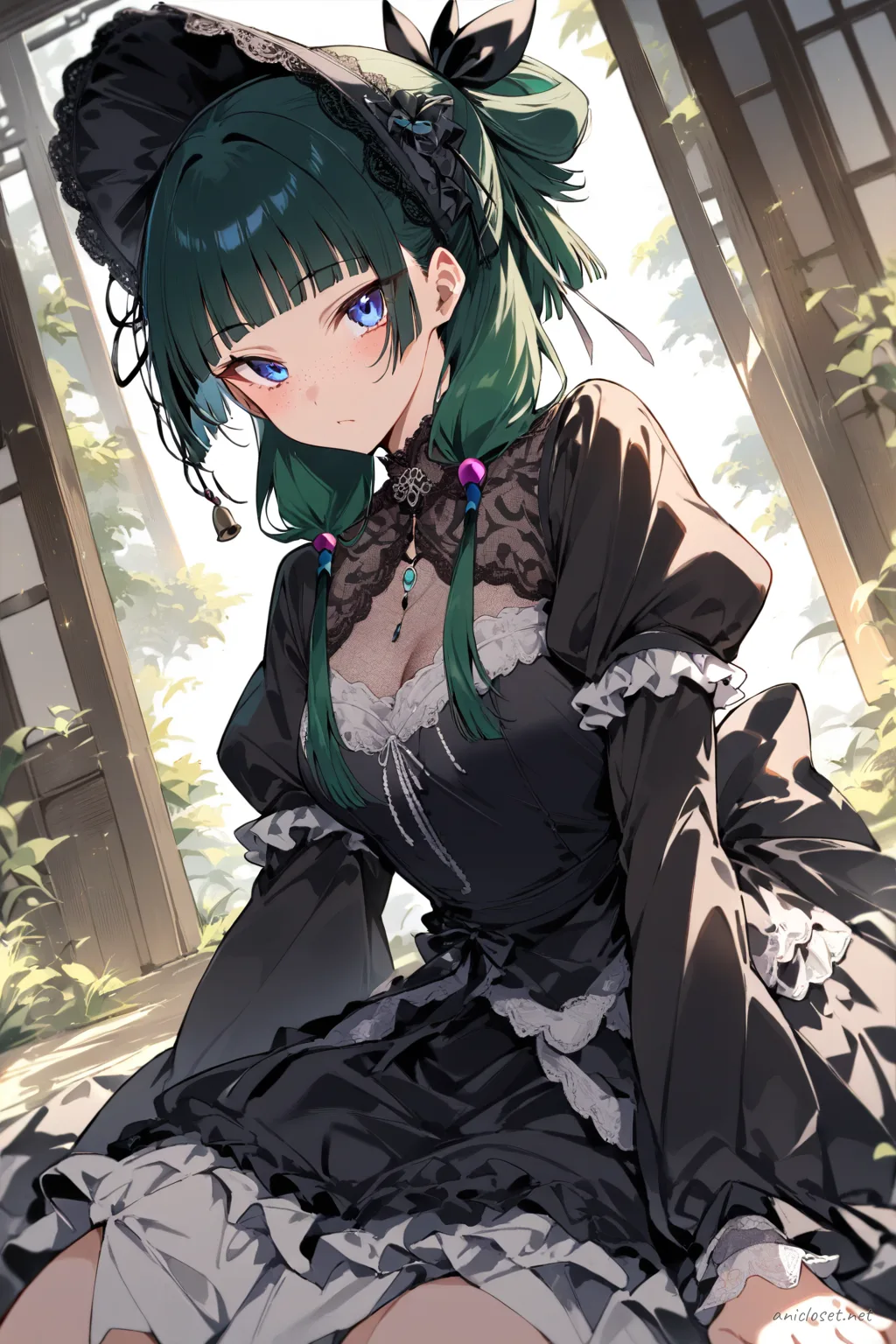 Maomao in a gothic Lolita black bell-shaped dress with lace collar, bonnet, opaque tights, and platform shoes, knee-up half-body view