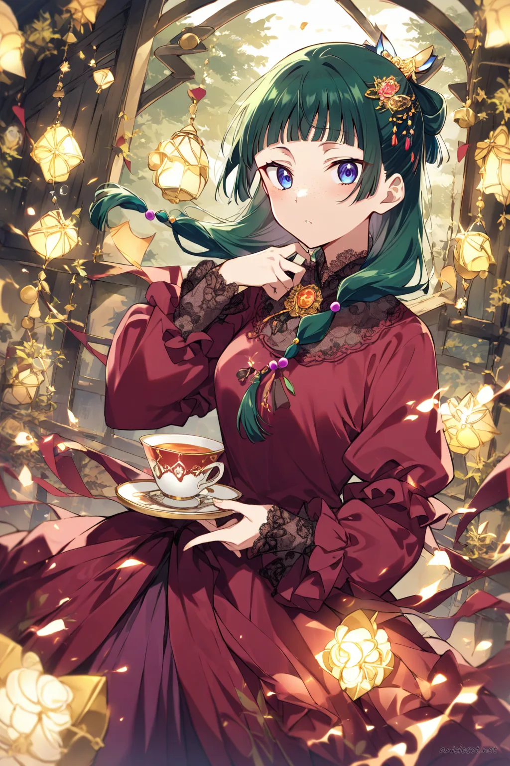 Full-body three-quarter view of Maomao wearing a classic Lolita burgundy floral dress with high-neck blouse, cameo brooch, tea-length bell skirt, and Mary Jane shoes